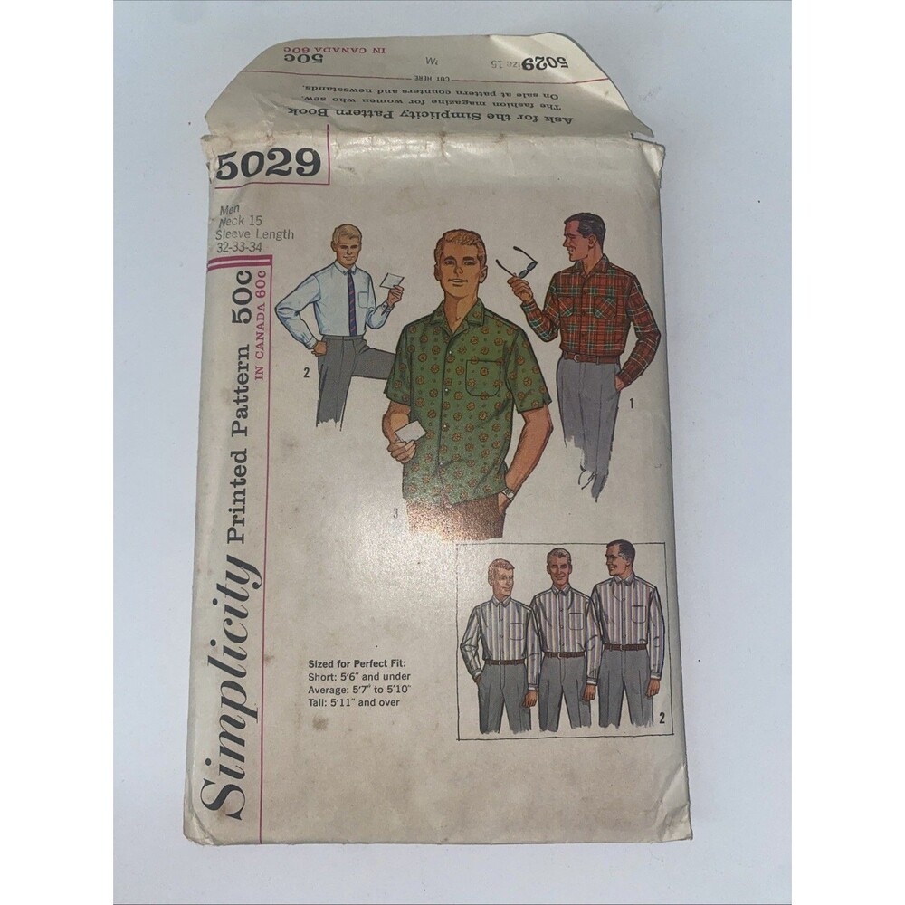 Vintage 1960s Simplicity 5029 Pattern Men’s Long Sleeve Dress Shirt 15” Neck
